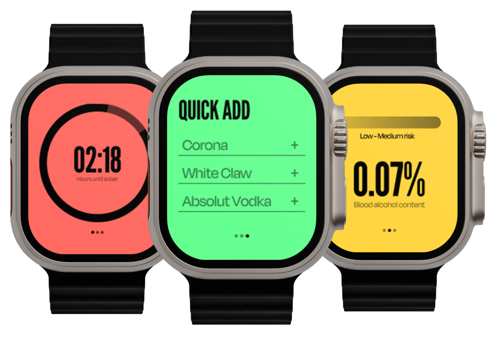 SmartWatch mockups showcasing timer screen, BAC percentage screen and quick add screen