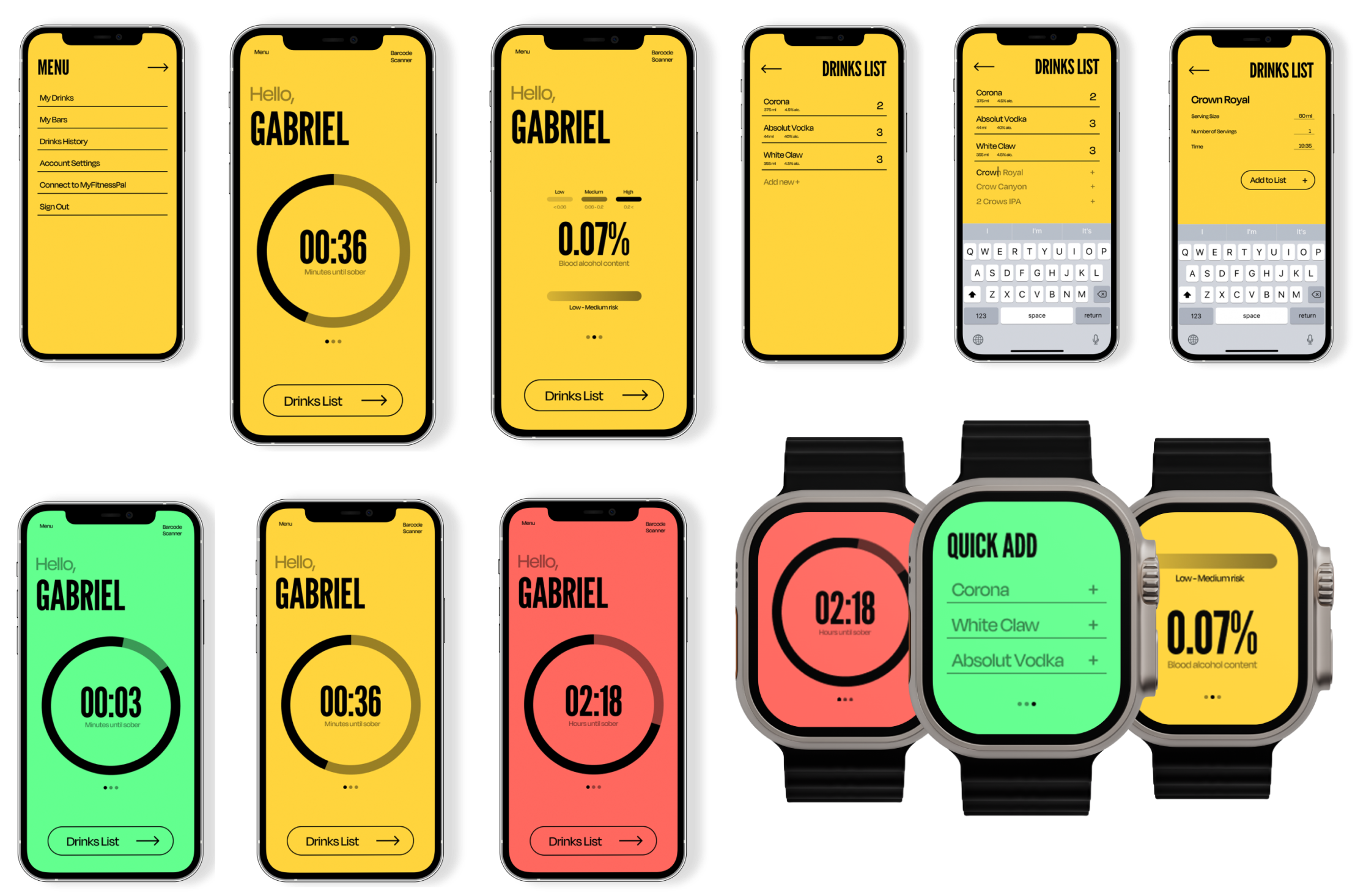 Final mockups of the whole app. Showing not only home screen,
             but also drink input, account settings, all 3 colour screens and
             smartwatch app.