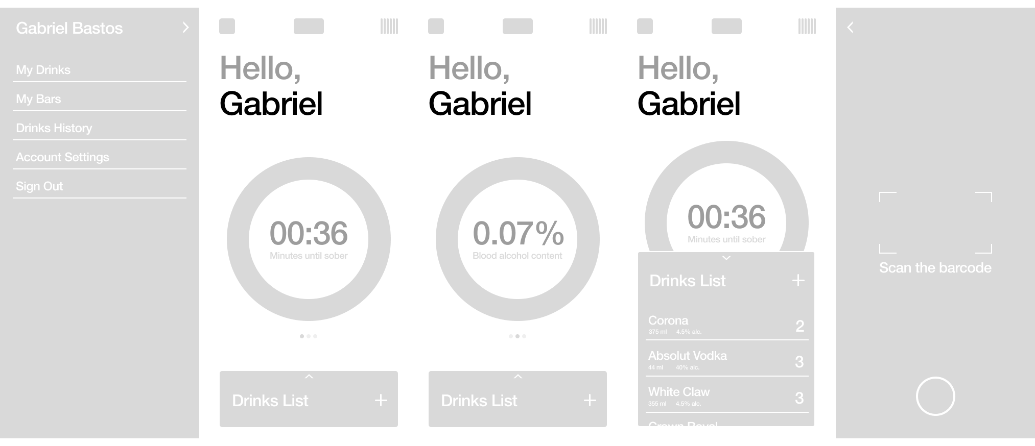 Initial wireframes with a focus on quick app usage. Home screen
    has a timer as well as a percentage, while additional features are
    all within one click/swipe away.