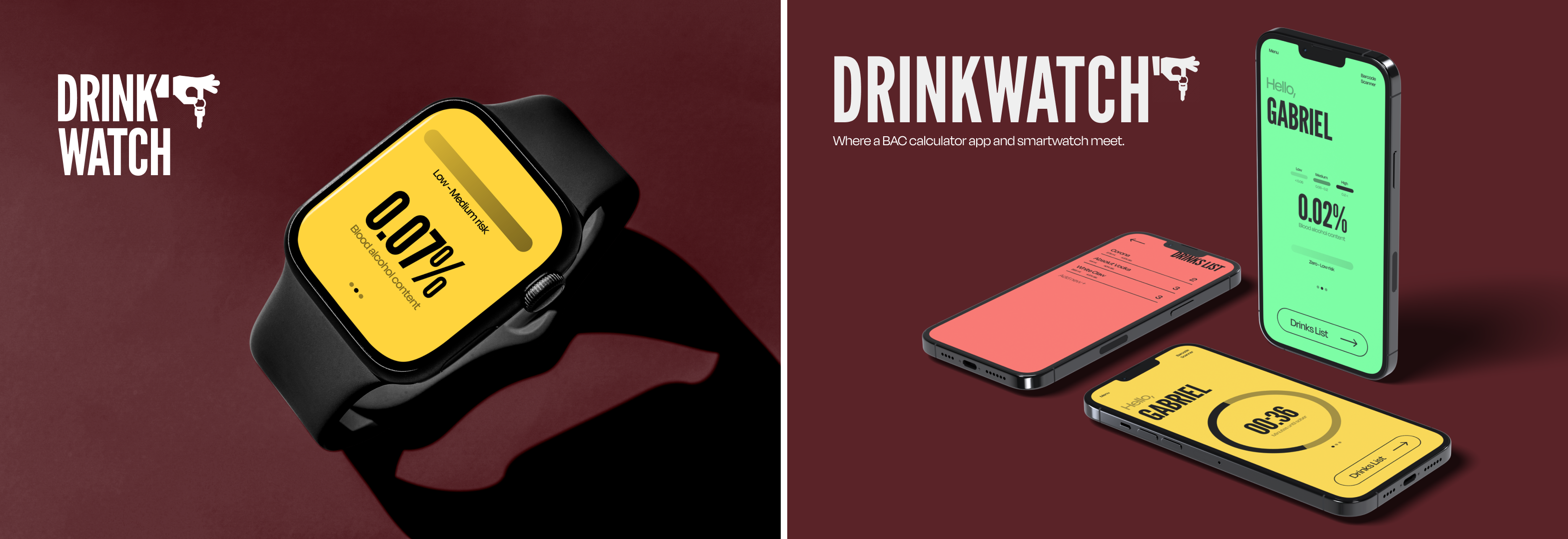 Final graphic with a mockup of the different coloured screens on 3
       separate iPhones, as well as the SmartWatch mockup.